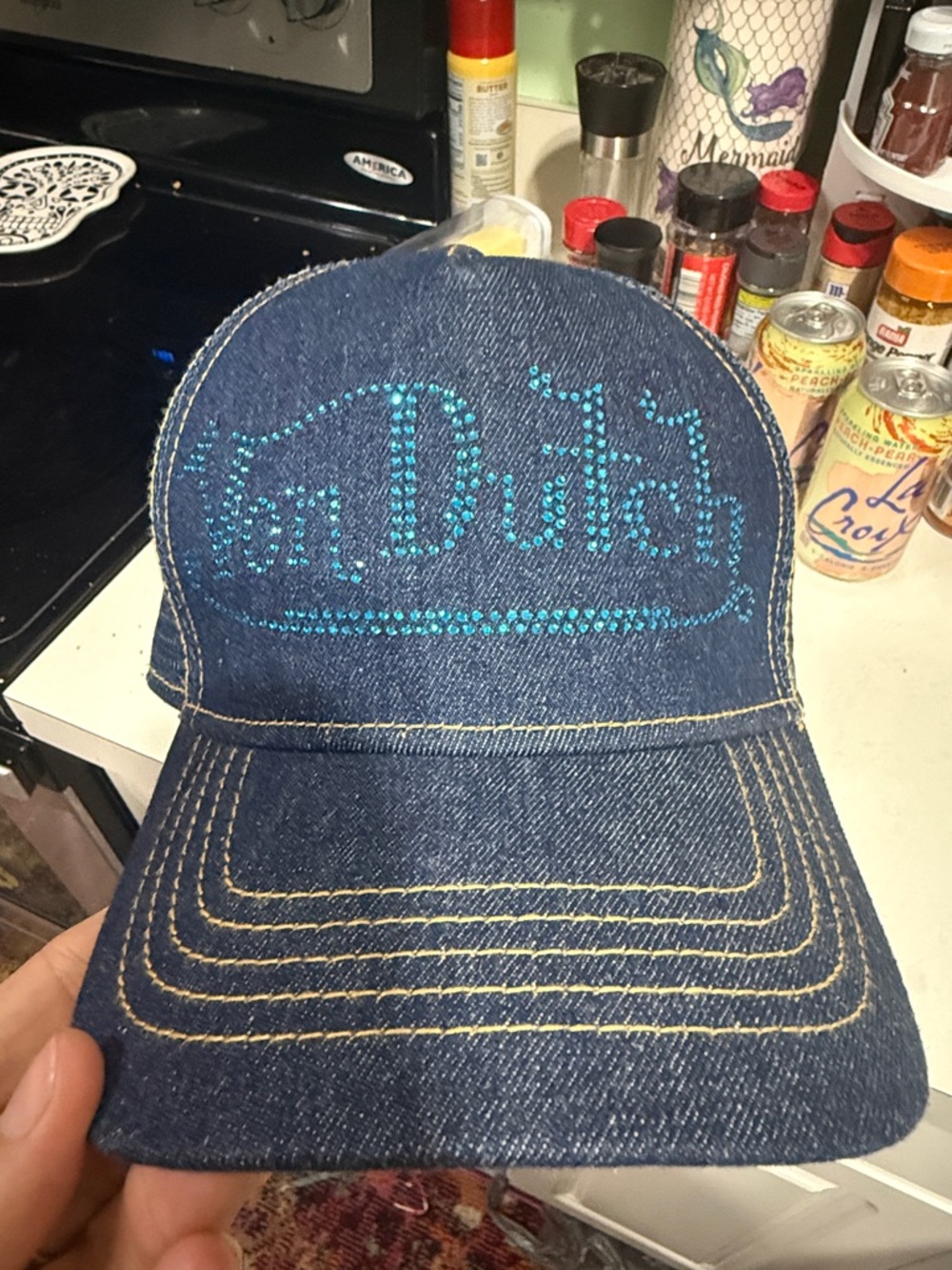 Von Dutch Dark Denim Trucker Hat with Blue Crystal Logo Y2K Vintage SnapBack Hat